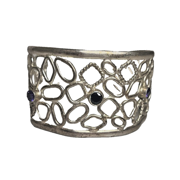 Sterling Silver 925 Cuff Bracelet Cut Out Design Adjustable Three Stones 39g - Picture 1 of 16